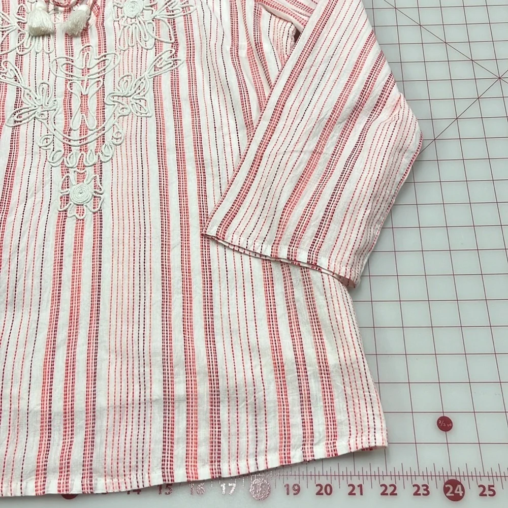SOFT SURROUNDINGS Coastal Cottage Striped Embroidered Floral Tassel Tie Blouse M - Picture 11 of 16